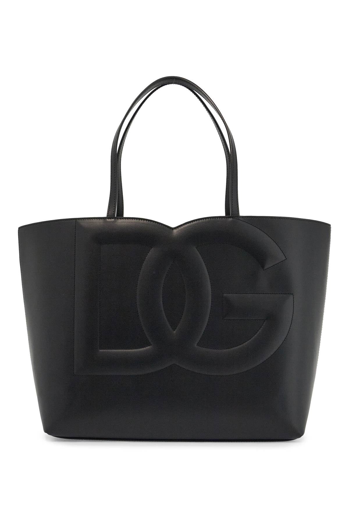 Black Calfskin Shopping Bag With Embossed Logo  - Black