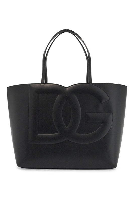 Black Calfskin Shopping Bag With Embossed Logo  - Black