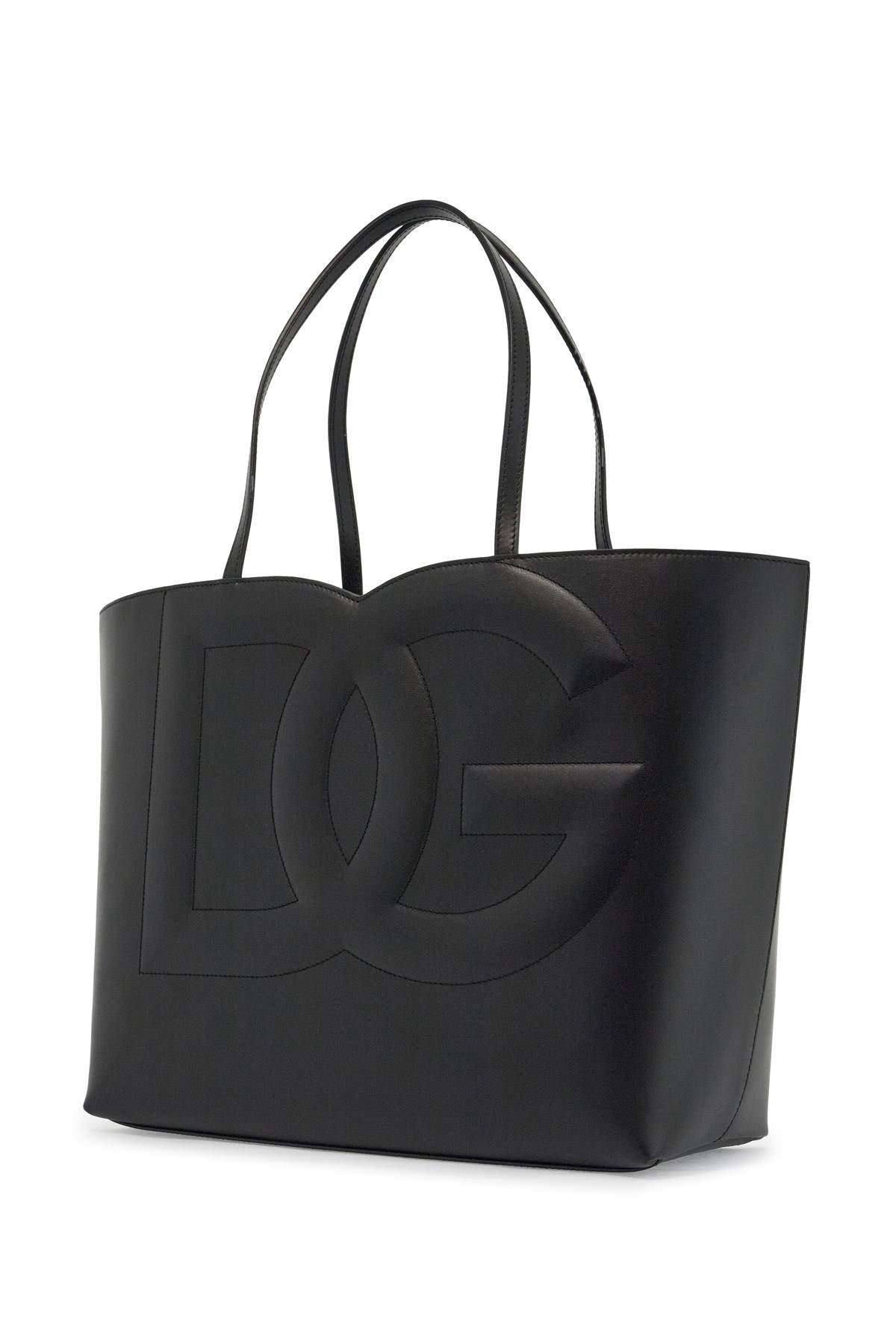 Black Calfskin Shopping Bag With Embossed Logo  - Black