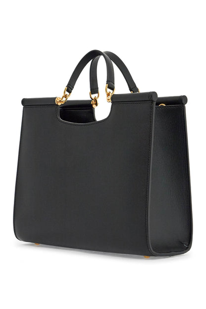 Black Calfskin Tote Bag With Adjustable Shoulder Strap  - Black