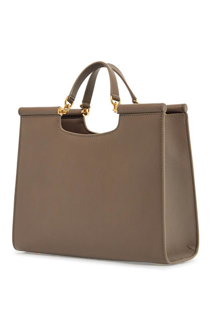 Beige Calfskin Tote Bag With Adjustable Shoulder Strap  - Beige