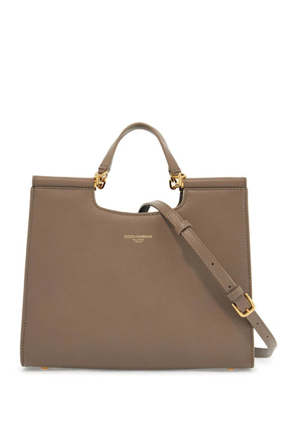 Beige Calfskin Tote Bag With Adjustable Shoulder Strap  - Beige