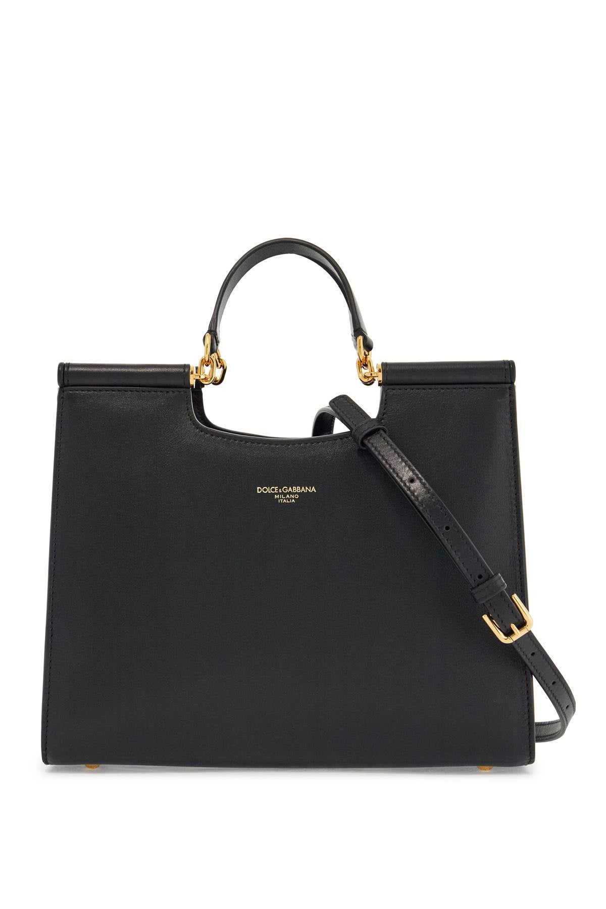 Black Calfskin Tote Bag With Adjustable Shoulder Strap  - Black