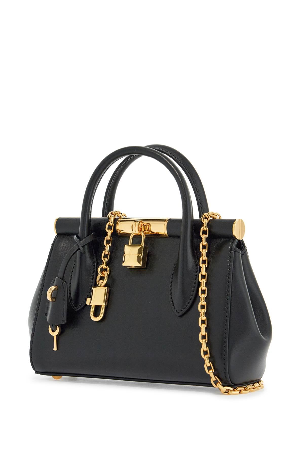 Black Calfskin Handbag With Gold Chain  - Black