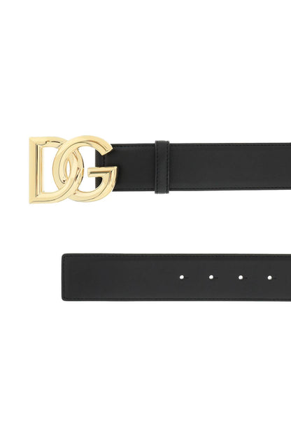 Leather Belt With Logo Buckle  - Black