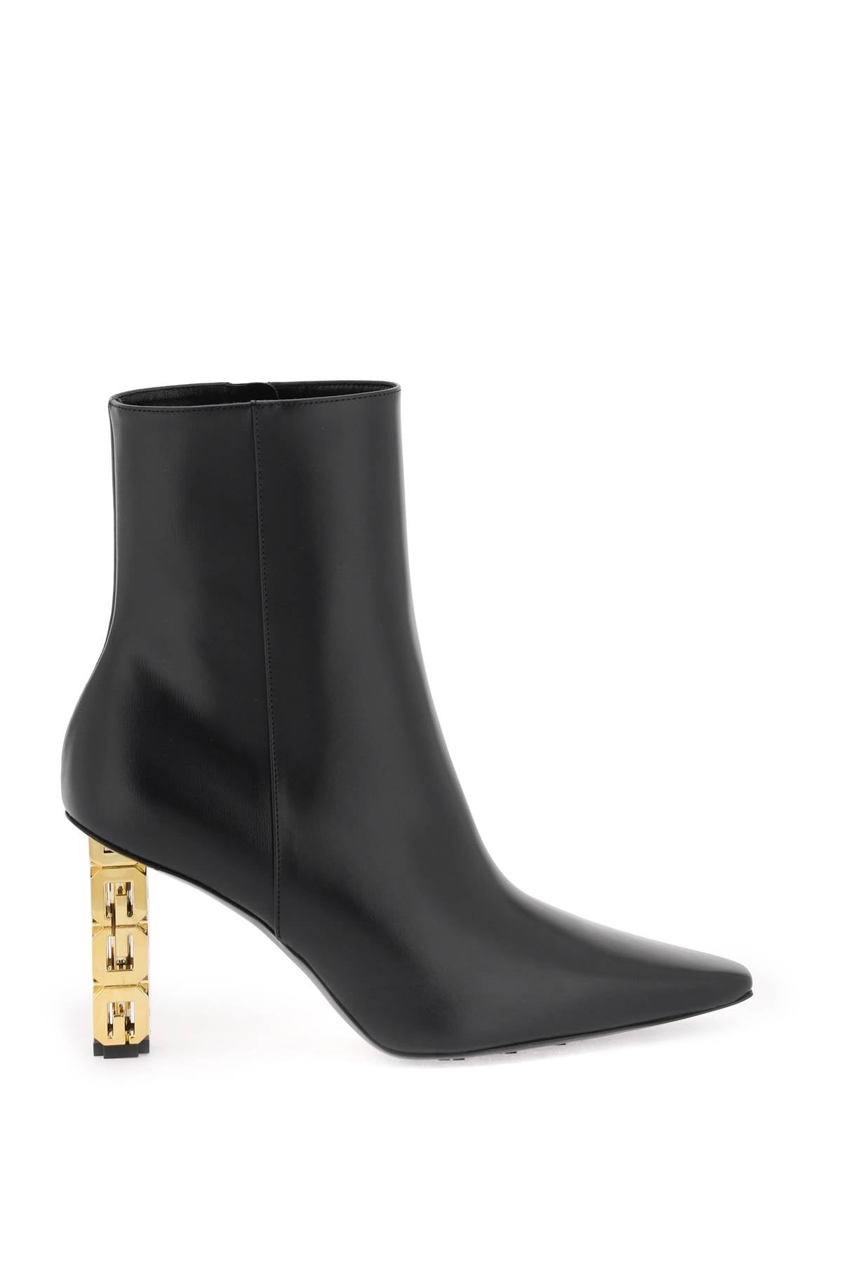 Leather Ankle Boots With G Cube Heel  - Black