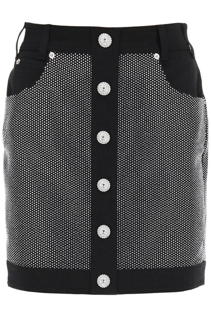 Rhinestone-studded Denim Mini Skirt  - Nero