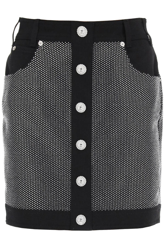 Rhinestone-studded Denim Mini Skirt  - Nero