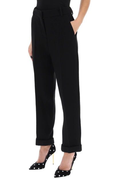 Cuffed Wool Crepe Trousers  - Black