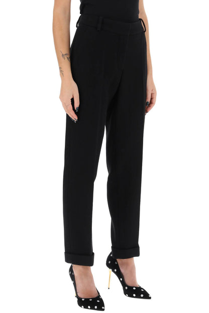 Cuffed Wool Crepe Trousers  - Black