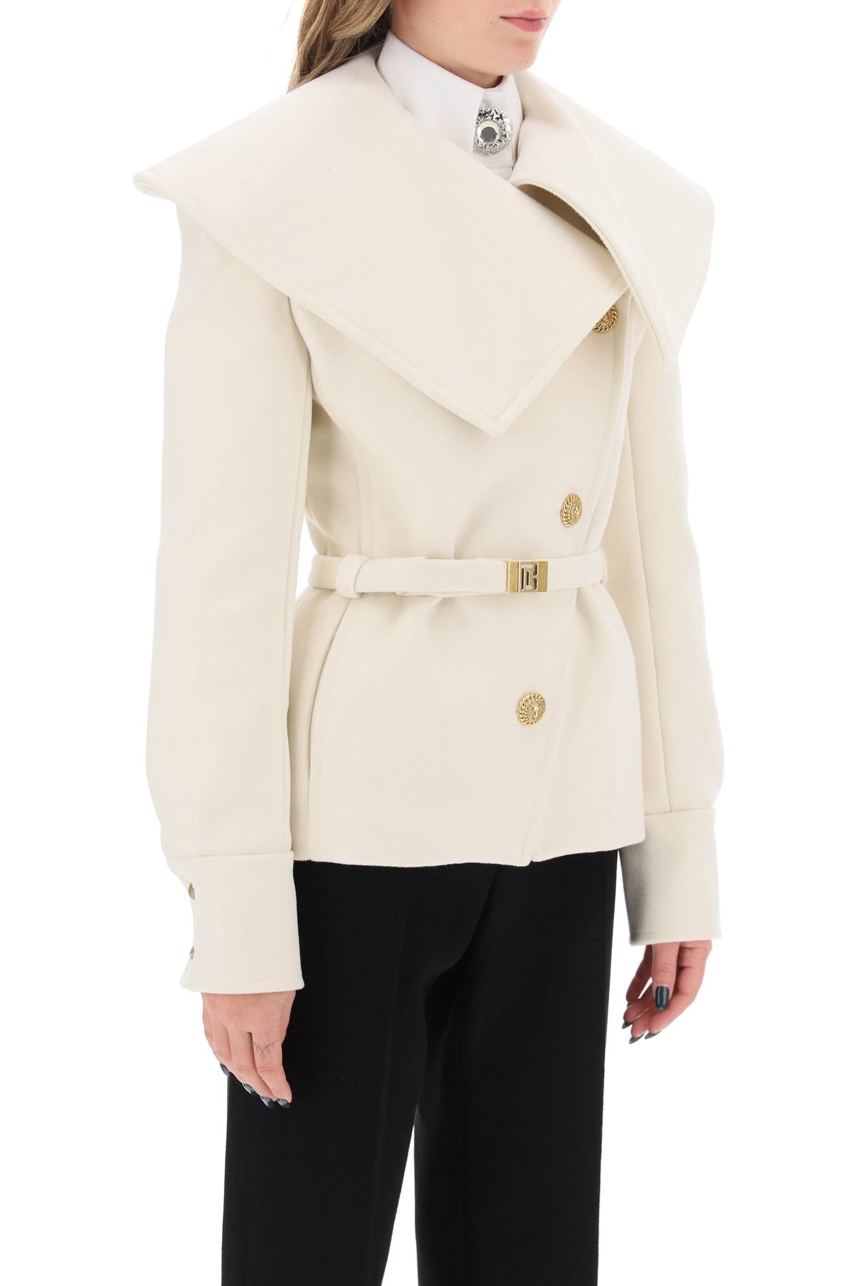 Belted Double-breasted Peacoat  - Bianco