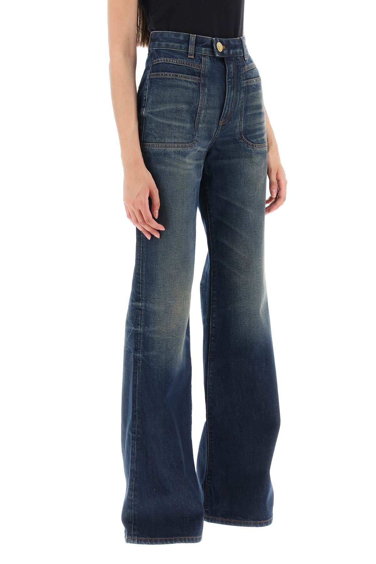 Wide Leg Jeans With Dark Wash  - Blu