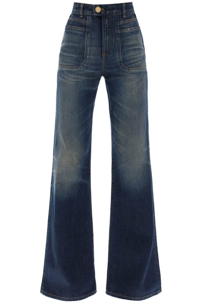 Wide Leg Jeans With Dark Wash  - Blu