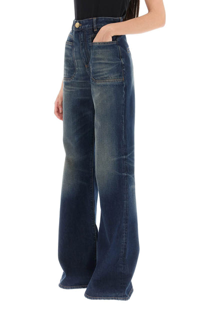 Wide Leg Jeans With Dark Wash  - Blu