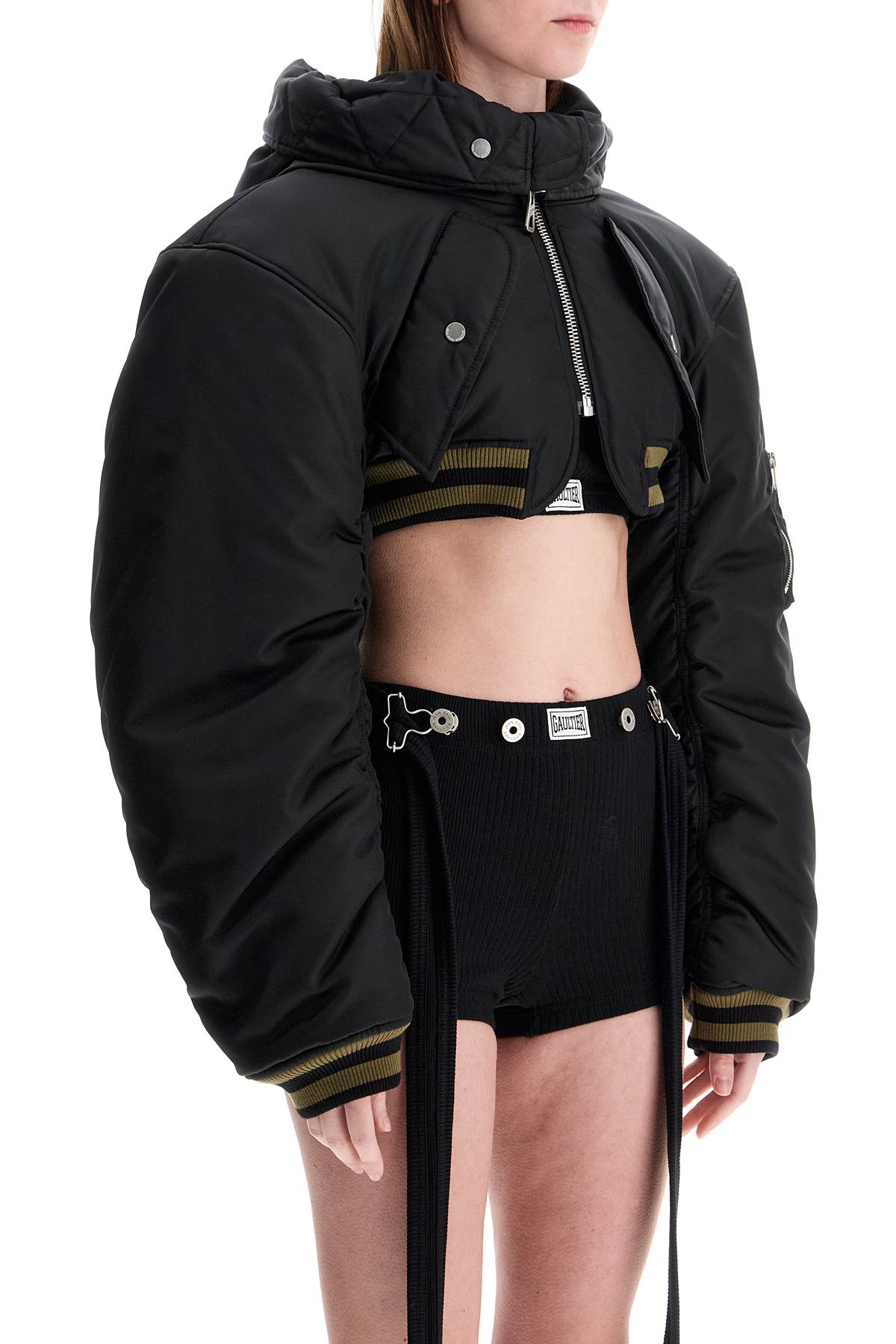 Cropped Black Nylon Padded Bomber Jacket With Hood  - Black