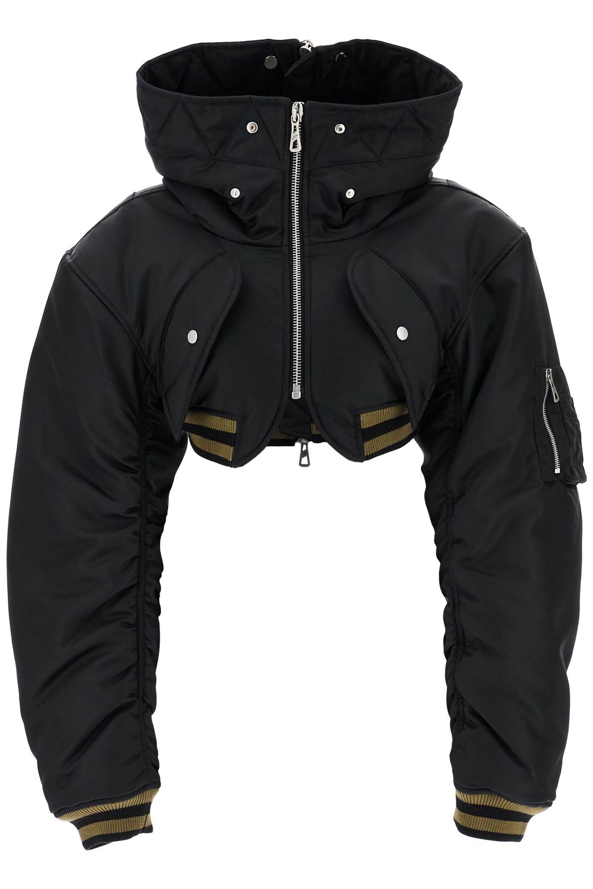 Cropped Black Nylon Padded Bomber Jacket With Hood  - Black