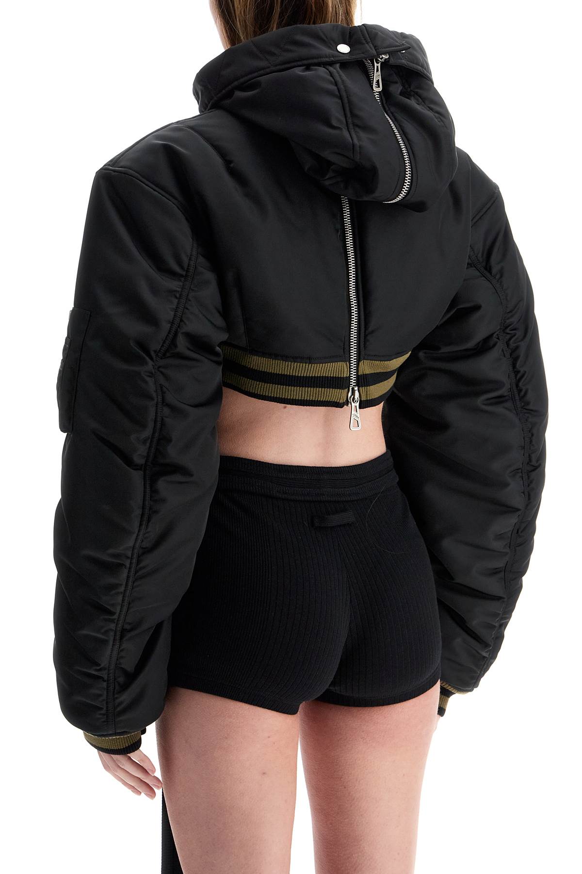 Cropped Black Nylon Padded Bomber Jacket With Hood  - Black