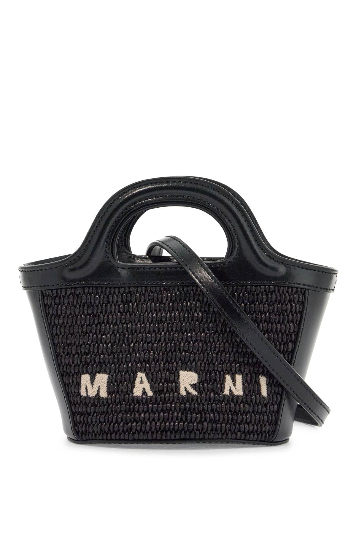 Black Woven Cotton And Nylon Handbag With Leather Details And Removable Shoulder Strap  - Black