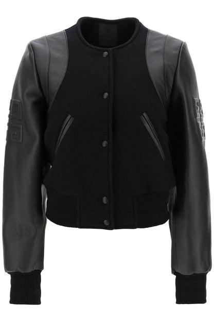 Wool And Leather Cropped Bomber Jacket  - Black