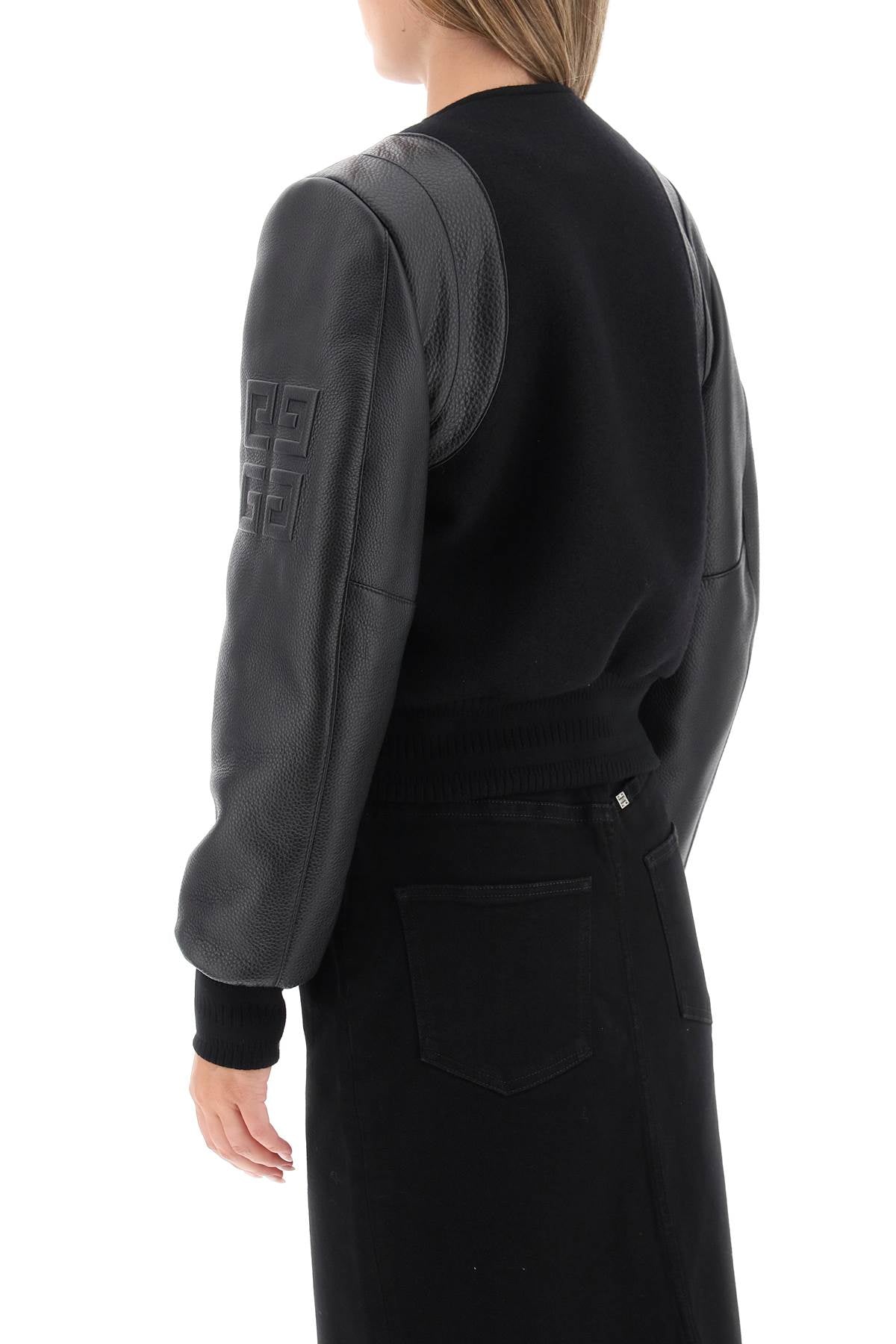 Wool And Leather Cropped Bomber Jacket  - Black