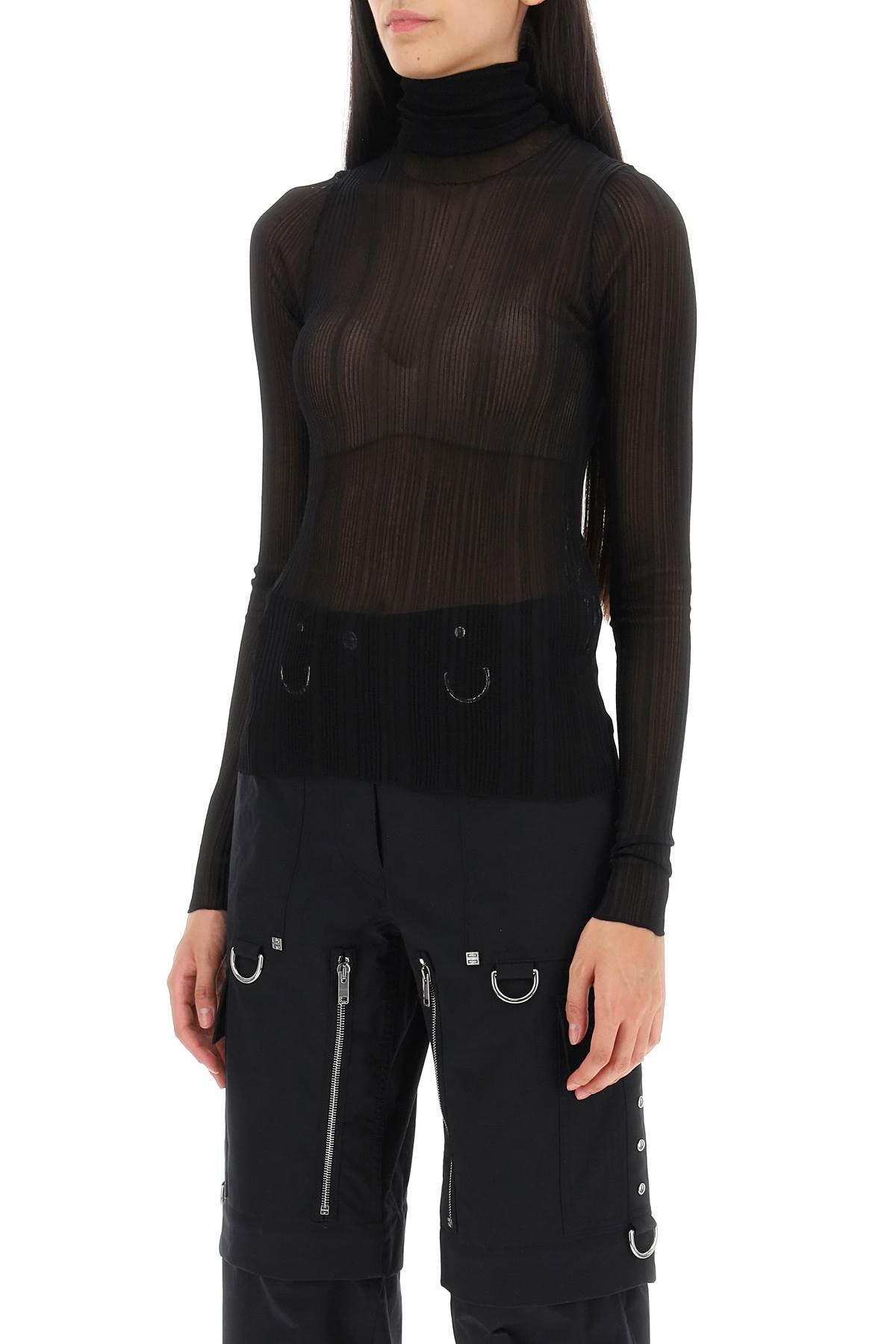 Turtleneck Sweater In Transparent Knit  - Black