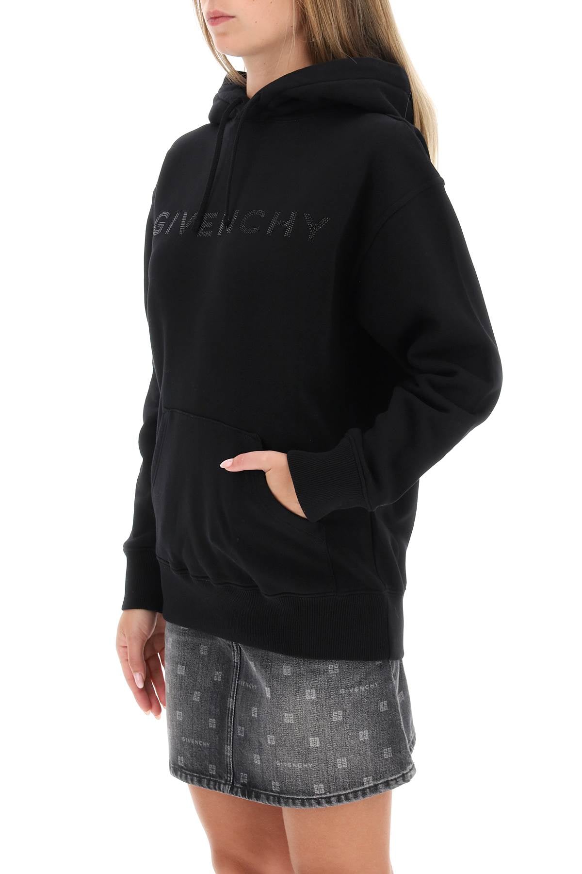 Hoodie With Rhinestone-studded Logo  - Black