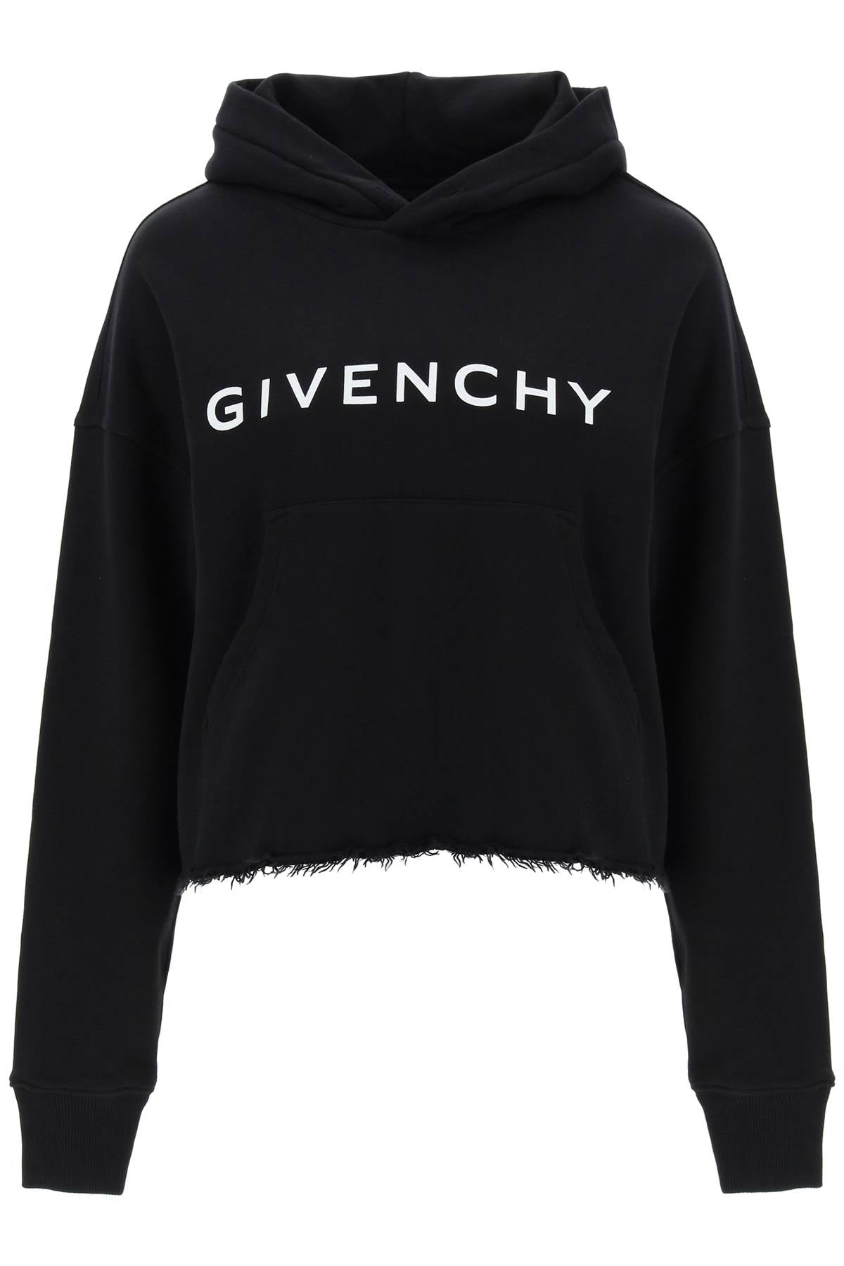 Cropped Hoodie With Logo Print  - Black