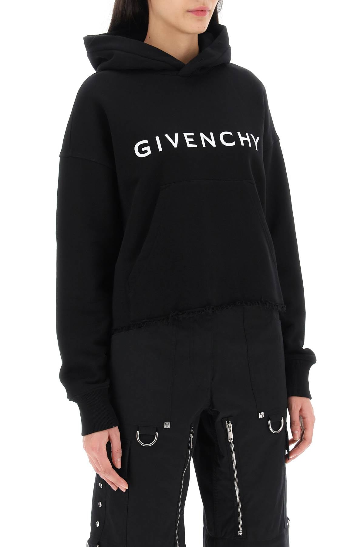 Cropped Hoodie With Logo Print  - Black