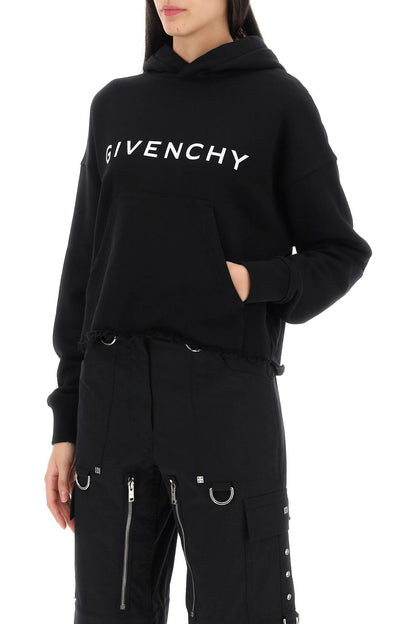 Cropped Hoodie With Logo Print  - Black