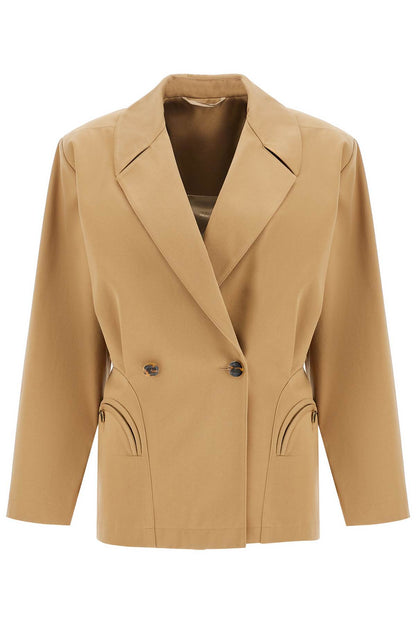 Beige Double-breasted Cotton Blazer  - Beige