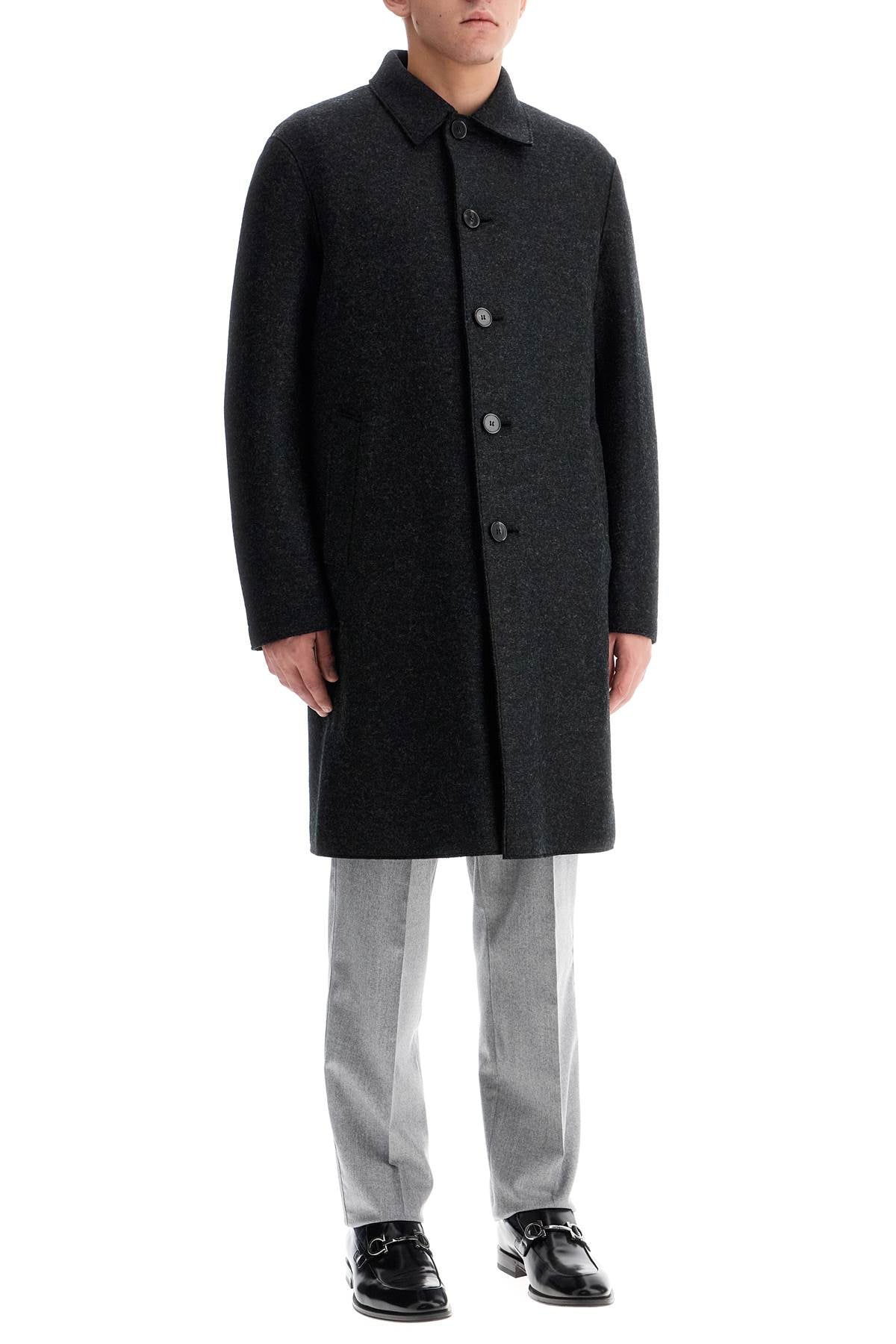 Single-breasted Pressed Wool Coat  - Grey