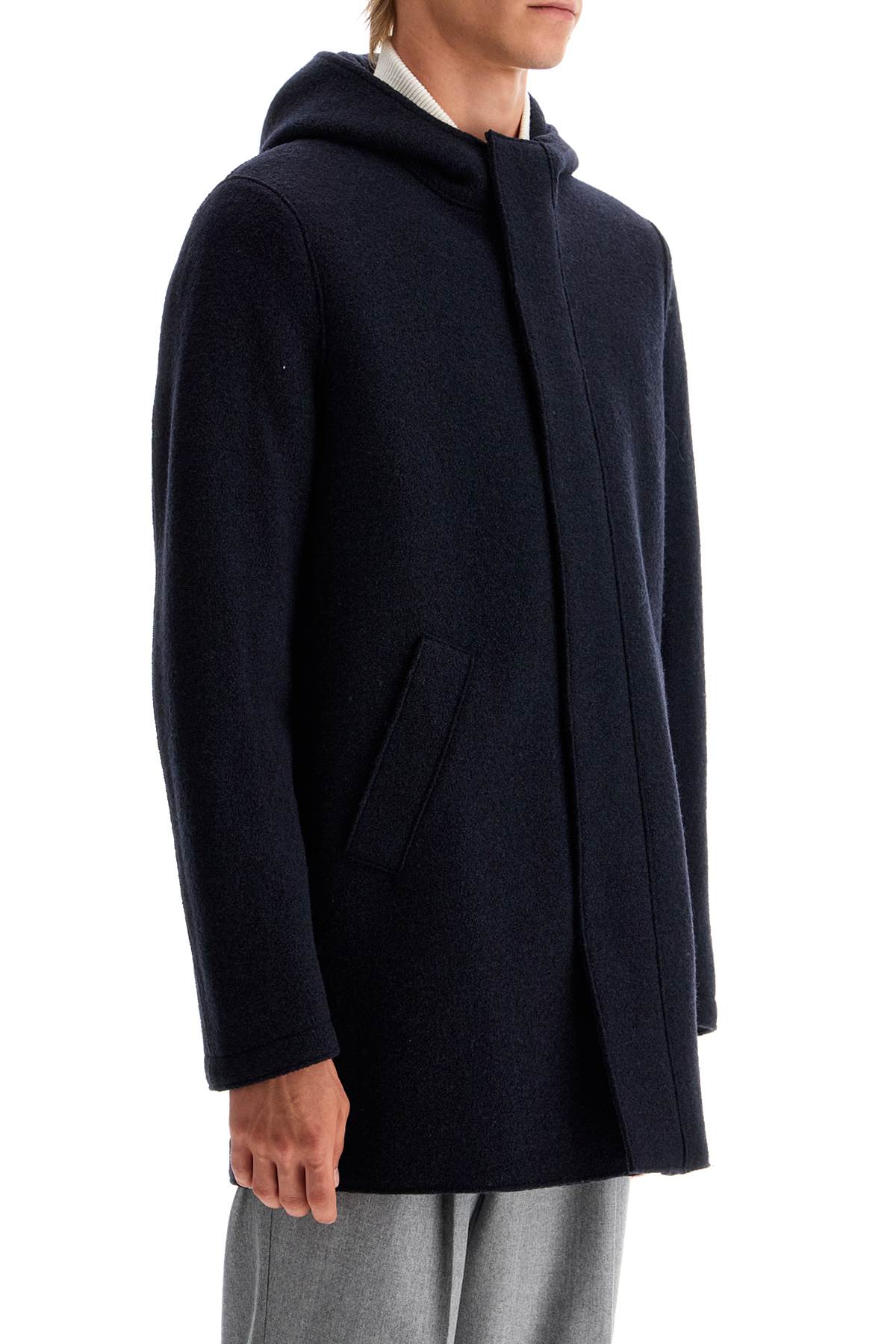 Hooded Wool Coat In Boiled Wool  - Blue