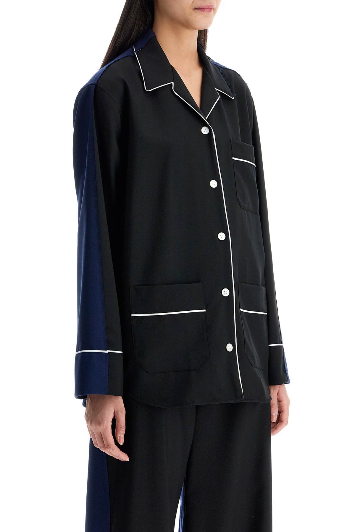 Black Wool Shirt With White Stitching  - Black