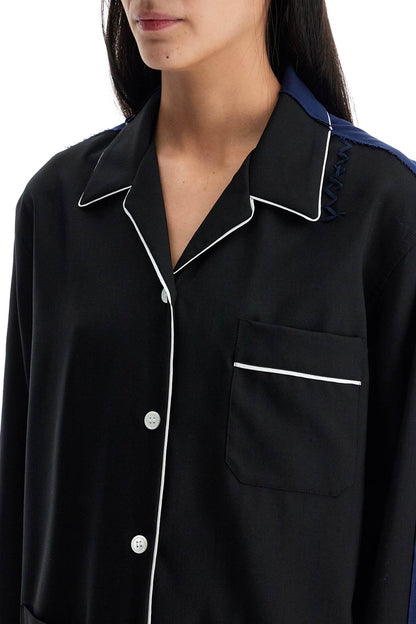 Black Wool Shirt With White Stitching  - Black