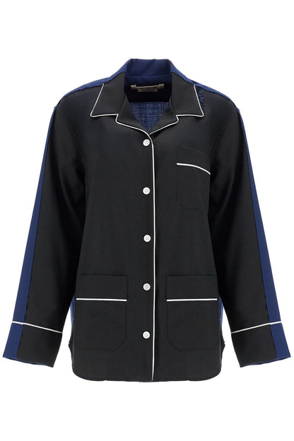 Black Wool Shirt With White Stitching  - Black