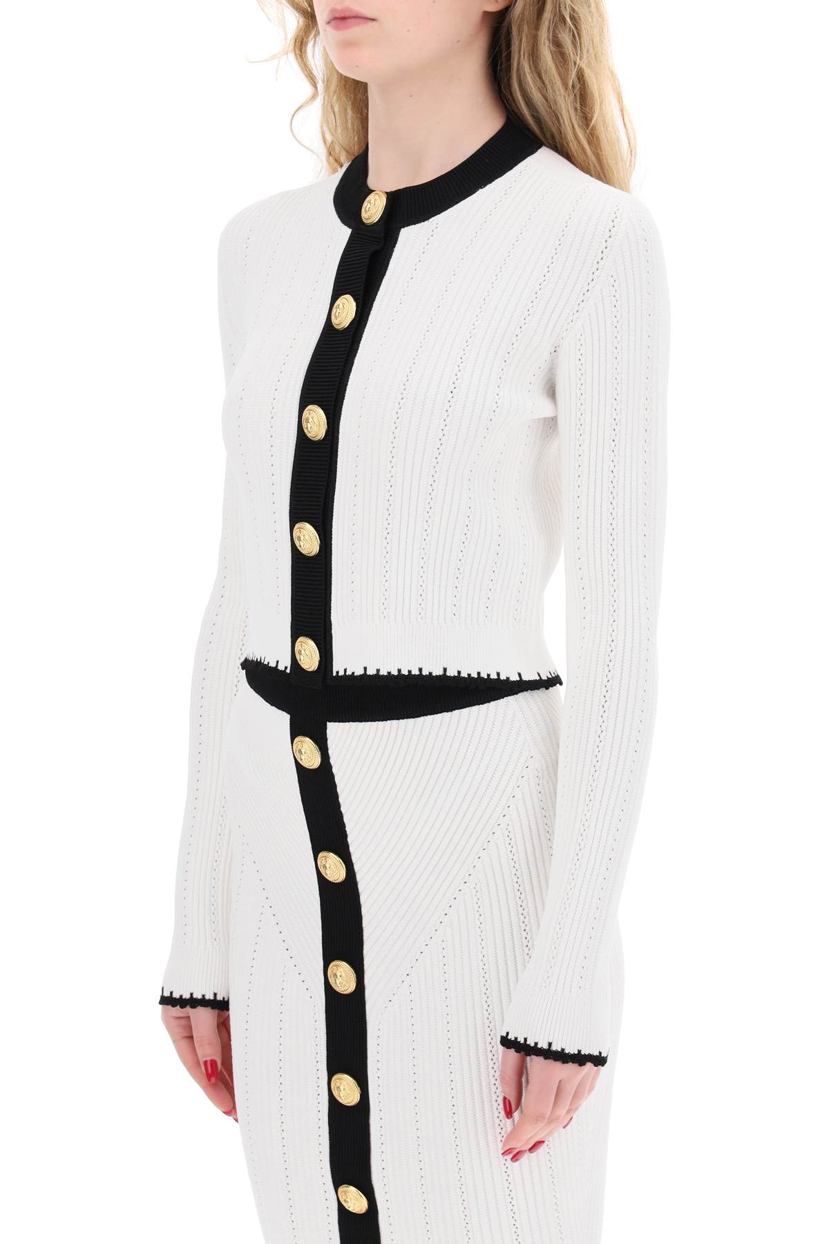 Bicolor Knit Cardigan With Embossed Buttons  - White