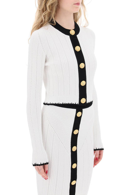 Bicolor Knit Cardigan With Embossed Buttons  - White