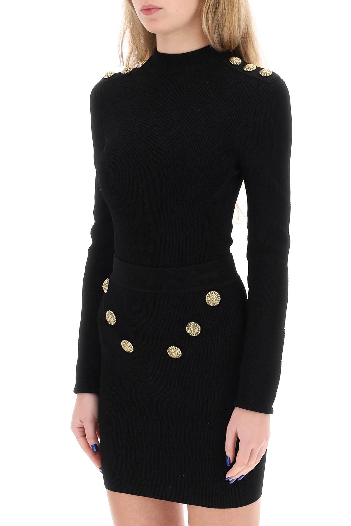 Knitted Bodysuit With Embossed Buttons  - Black