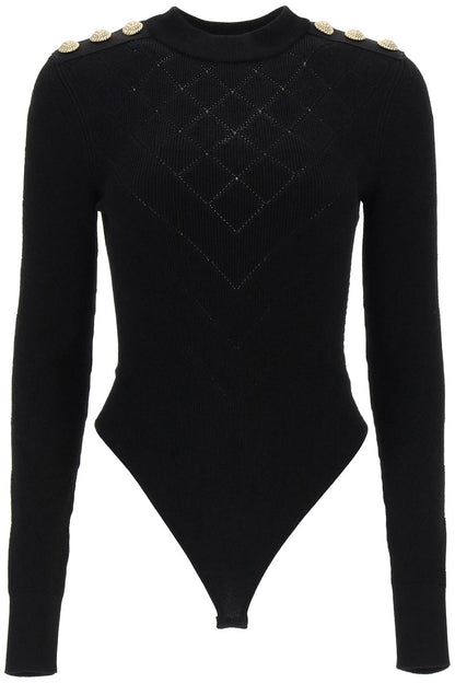 Knitted Bodysuit With Embossed Buttons  - Black