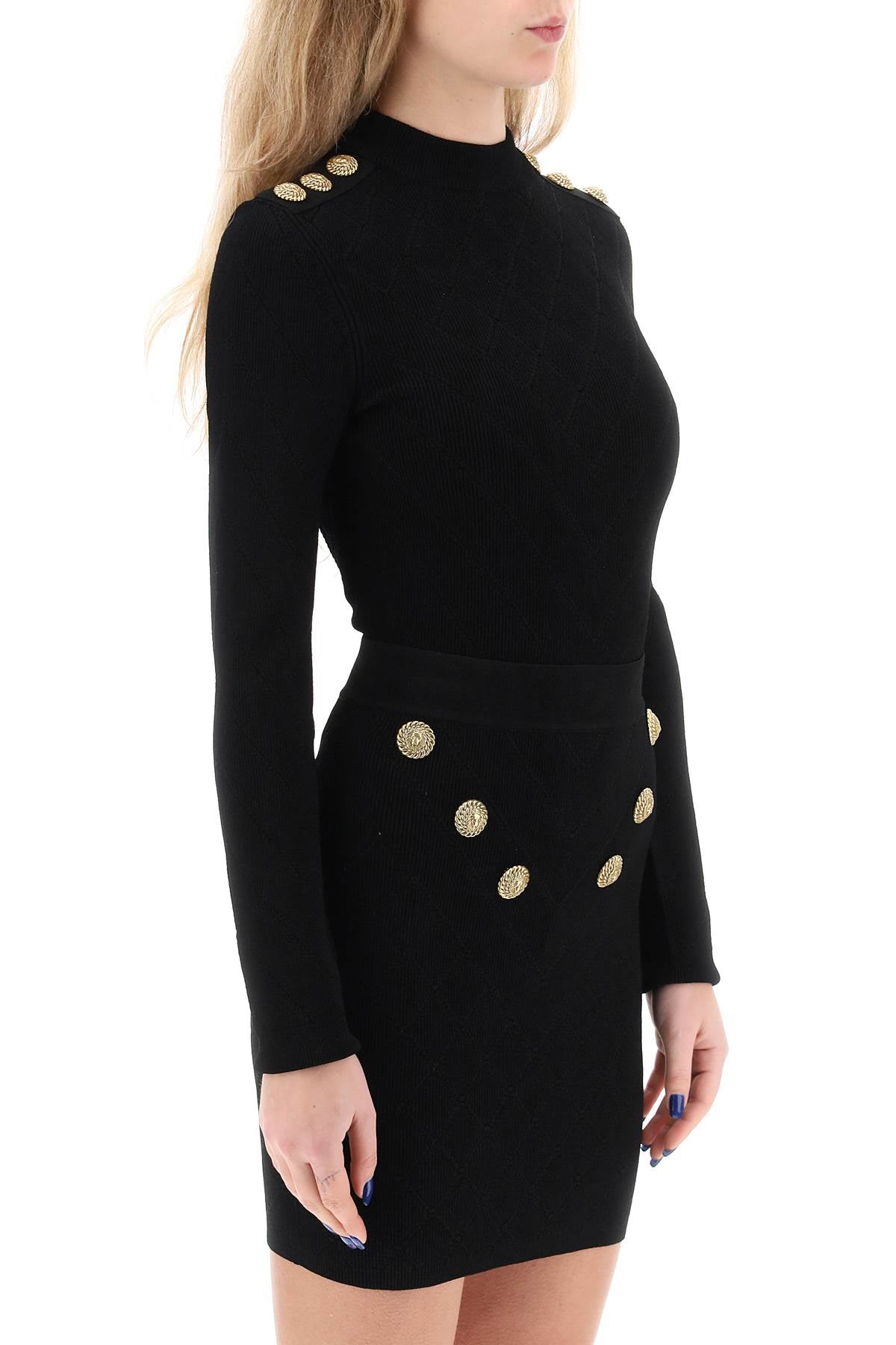 Knitted Bodysuit With Embossed Buttons  - Black