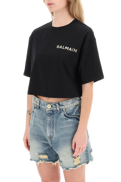 Cropped T-shirt With Metallic Logo  - Black