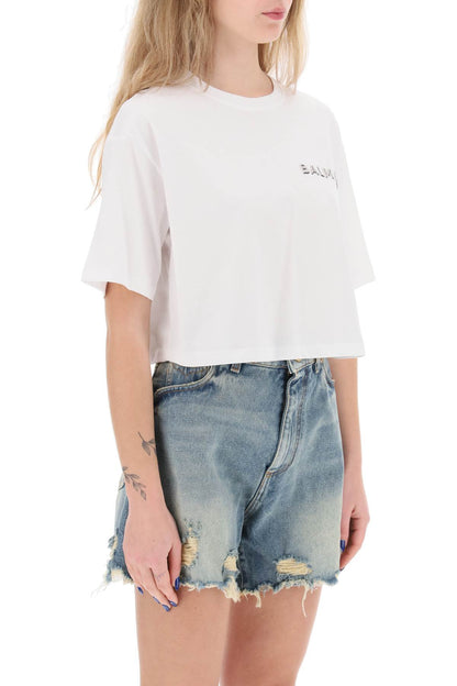 Cropped T-shirt With Metallic Logo  - White