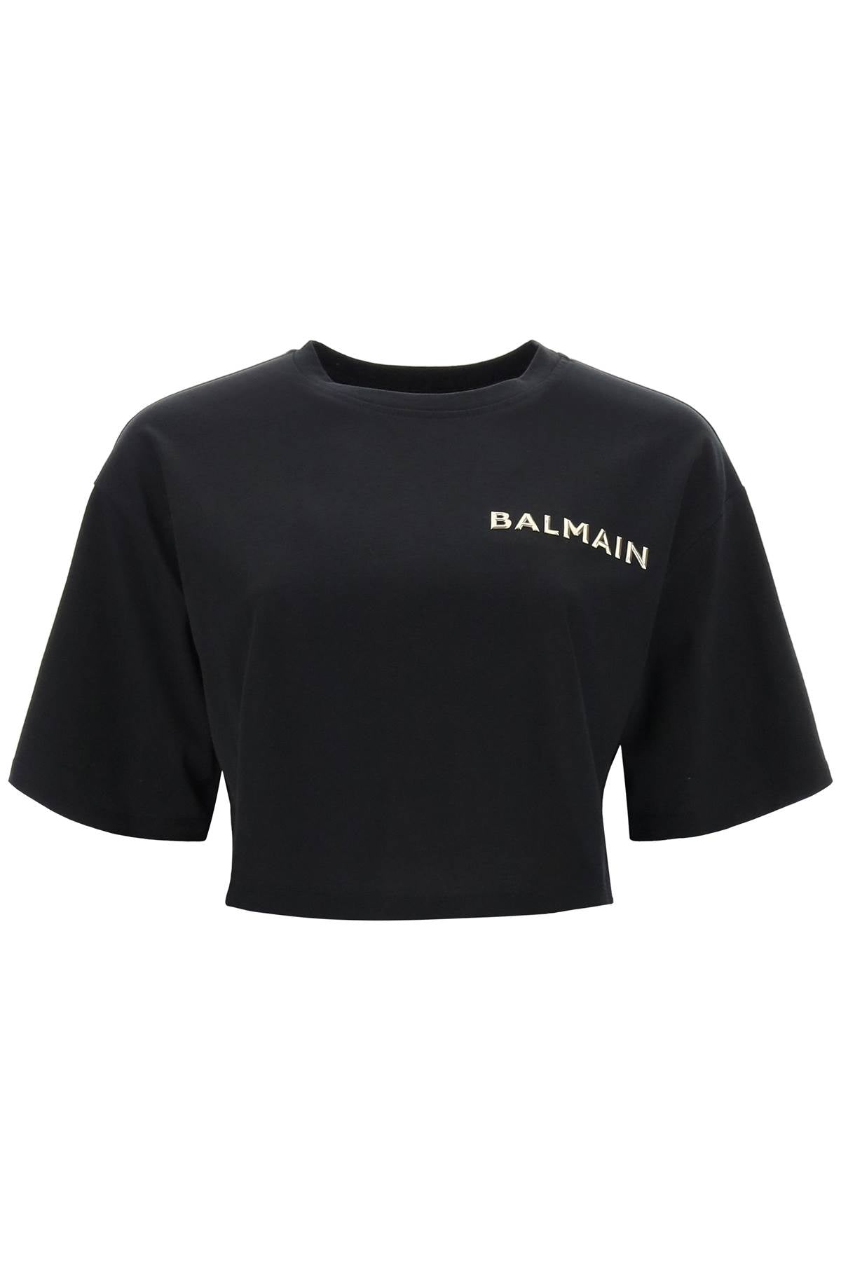 Cropped T-shirt With Metallic Logo  - Black