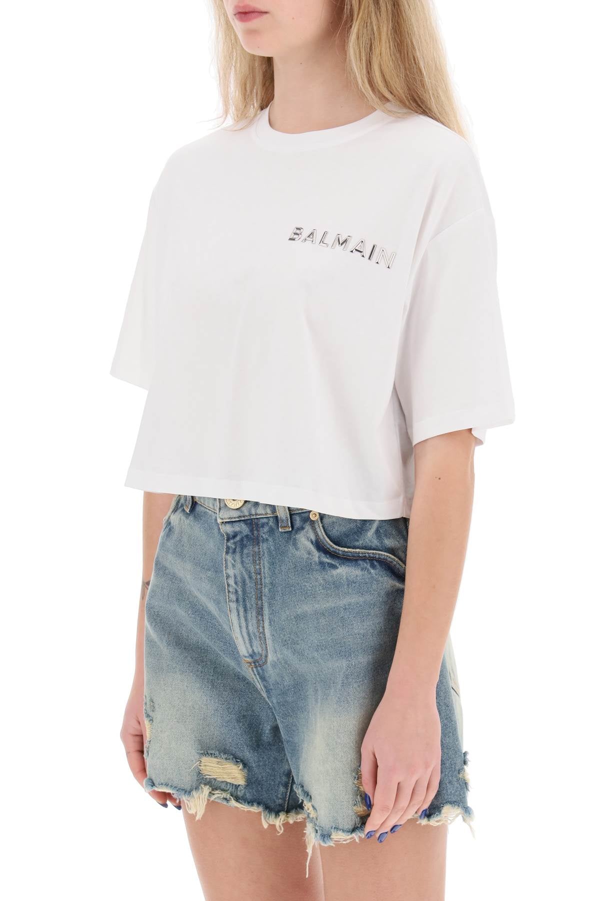 Cropped T-shirt With Metallic Logo  - White