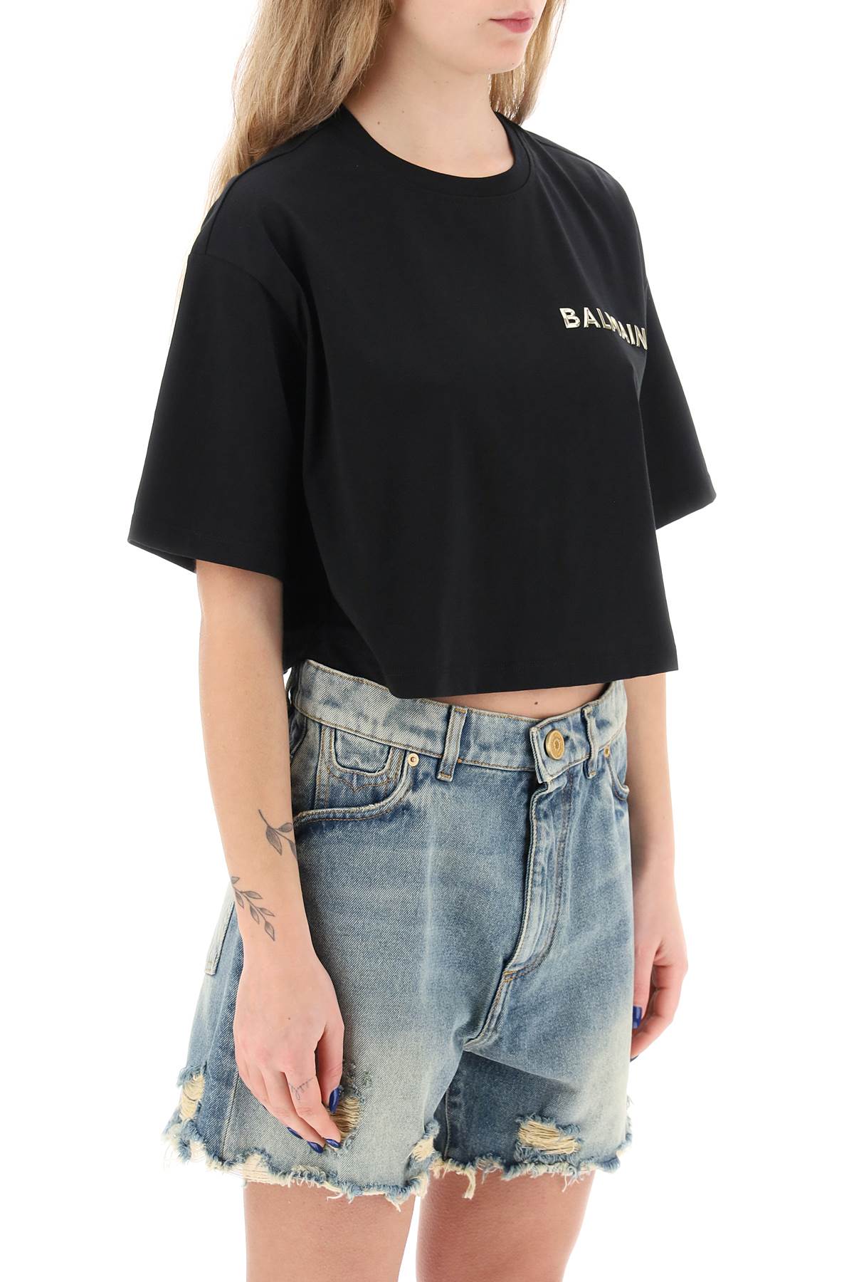 Cropped T-shirt With Metallic Logo  - Black