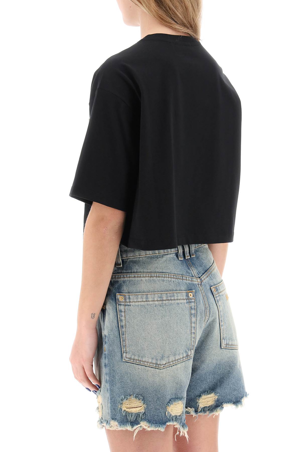 Cropped T-shirt With Metallic Logo  - Black