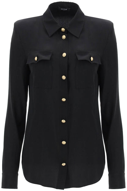 Silk Shirt With Padded Shoulders  - Black