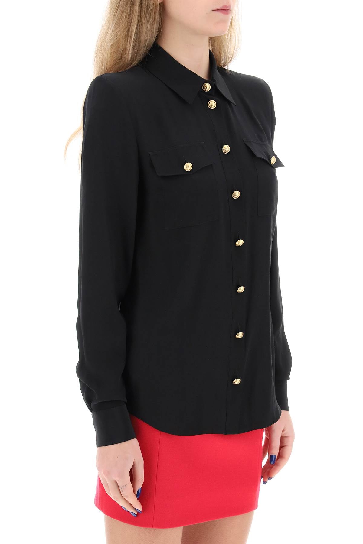 Silk Shirt With Padded Shoulders  - Black