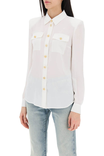 Silk Shirt With Padded Shoulders  - White