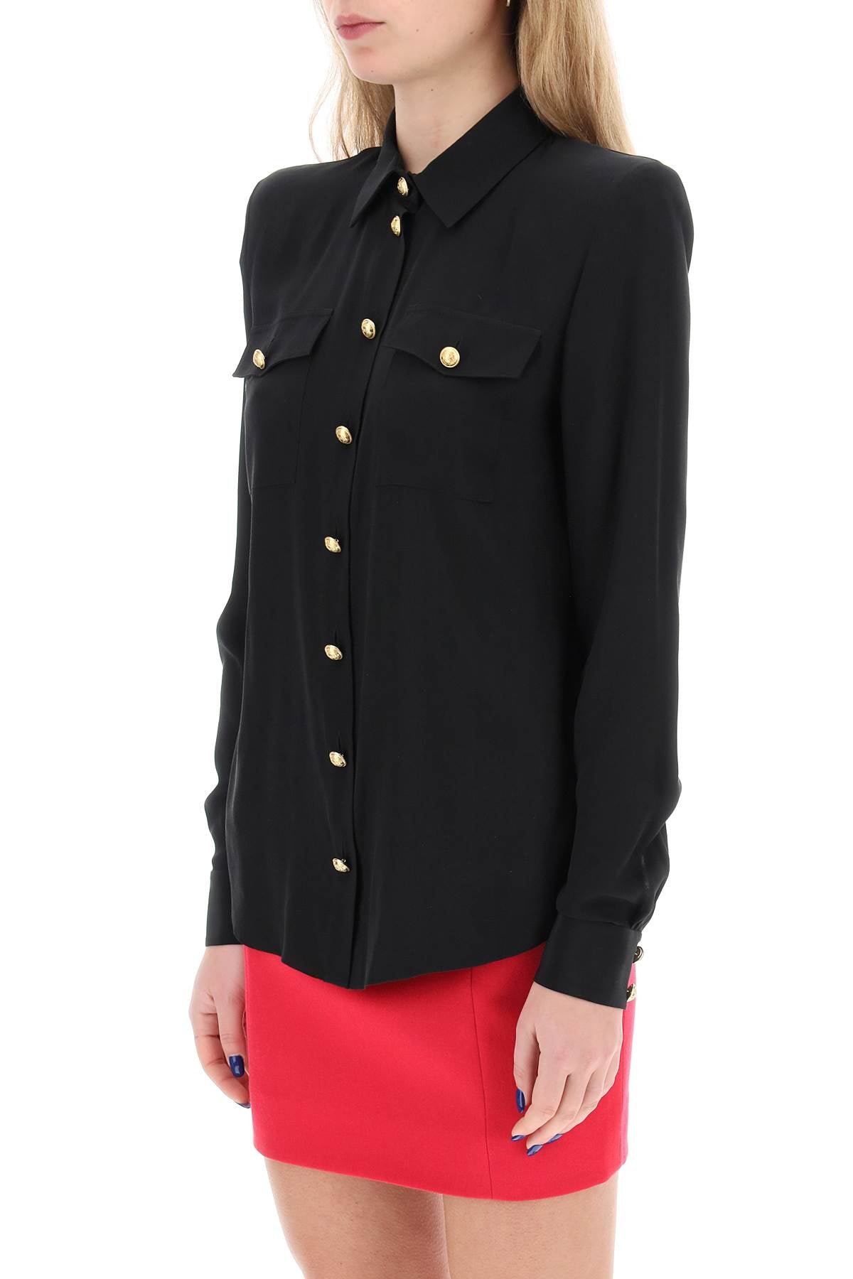 Silk Shirt With Padded Shoulders  - Black